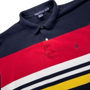Vintage 90s Nautica Polo Shirt Men XXL Colorblock Striped Sailing Logo Blue Red